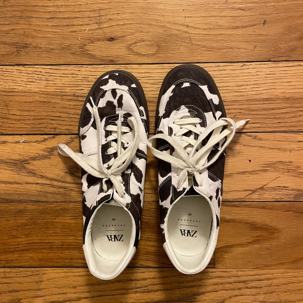 Zara Black and White Cow Print Sneakers